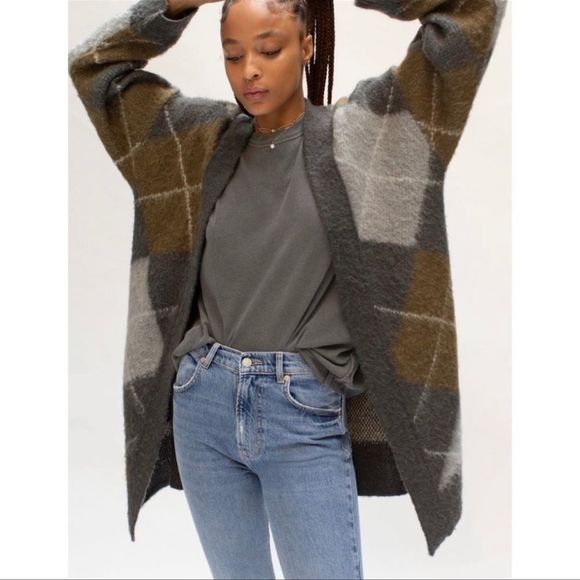 Free People Gray Argyle Avenue Cardigan Sweater Sz M - Picture 1 of 7